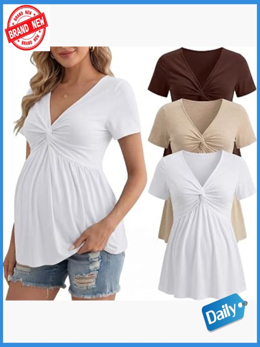3 Pack Maternity Tops V Neck Front Knotted Short Sleeve Ruched Tunic Shirts